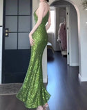 Vintage Green Sheath Spaghetti Strap Sequined Prom Dress Birthday Dress HZ1108