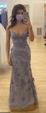 Pretty Grey Purple Mermaid Spaghetti Strap Tulle Lace Prom Dress HZ1108