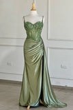 Sage Green Spaghetti Straps Sequins Mermaid Appliqued Prom Dress With Split HZ1108