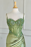 Sage Green Spaghetti Straps Sequins Mermaid Appliqued Prom Dress With Split HZ1108