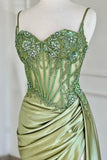Sage Green Spaghetti Straps Sequins Mermaid Appliqued Prom Dress With Split HZ1108