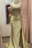 Sage Green Spaghetti Straps Sequins Mermaid Appliqued Prom Dress With Split HZ1108