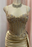 Sage Green Spaghetti Straps Sequins Mermaid Appliqued Prom Dress With Split HZ1108