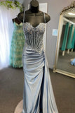 Sage Green Spaghetti Straps Sequins Mermaid Appliqued Prom Dress With Split HZ1108