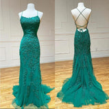 Sky Blue A-Line Spaghetti Strap Backless Elegant Tulle Applique Long Prom Dress HZ1108