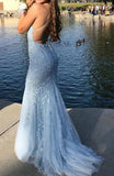 Sky Blue A-Line Spaghetti Strap Backless Elegant Tulle Applique Long Prom Dress HZ1108