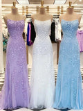 Sky Blue A-Line Spaghetti Strap Backless Elegant Tulle Applique Long Prom Dress HZ1108