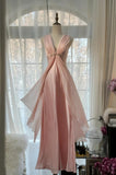 Gentle Pink Sheath Chiffon Ribbon V-neck Simple Prom Dress HZ1108