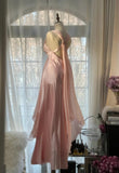 Gentle Pink Sheath Chiffon Ribbon V-neck Simple Prom Dress HZ1108