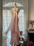 Gentle Pink Sheath Chiffon Ribbon V-neck Simple Prom Dress HZ1108