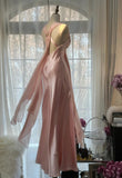 Gentle Pink Sheath Chiffon Ribbon V-neck Simple Prom Dress HZ1108