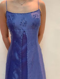 Vintage Spaghetti Strap Blue Tulle Beaded Prom Dress HZ1108