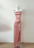 Peach Pink Diamond Spaghetti Strap Satin Bodycon Ball Dress HZ1108