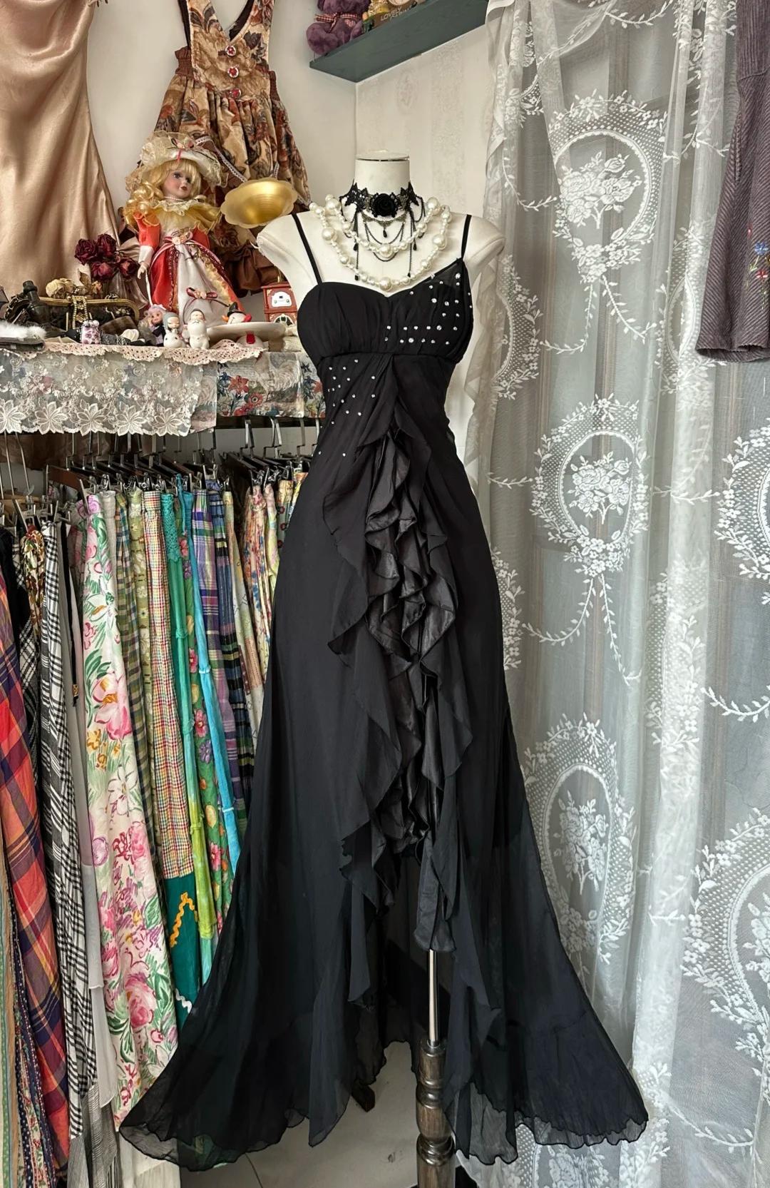 Elegant Black Chiffon Mermaid Party Dresses with Silt Spaghetti Straps Long Prom Dresses HZ1108