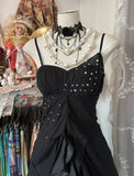Elegant Black Chiffon Mermaid Party Dresses with Silt Spaghetti Straps Long Prom Dresses HZ1108