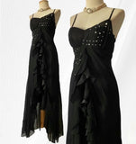 Elegant Black Chiffon Mermaid Party Dresses with Silt Spaghetti Straps Long Prom Dresses HZ1108