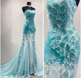 Ice Blue Ombre Mermaid Strapless Chiffon Long Evening Dress Appliques Beading Formal Prom Dress Graduation Dress HZ1108