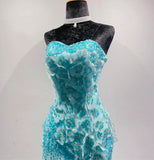 Ice Blue Ombre Mermaid Strapless Chiffon Long Evening Dress Appliques Beading Formal Prom Dress Graduation Dress HZ1108
