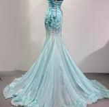 Ice Blue Ombre Mermaid Strapless Chiffon Long Evening Dress Appliques Beading Formal Prom Dress Graduation Dress HZ1108