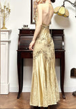 Gold Mermaid Halter Satin Beaded Applique Prom Dress HZ1108