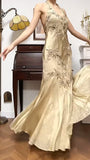 Gold Mermaid Halter Satin Beaded Applique Prom Dress HZ1108