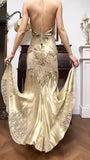 Gold Mermaid Halter Satin Beaded Applique Prom Dress HZ1108