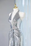 Silver Sequins Sheath V-Neck Long Prom Dress Shiny Evening Dress HZ1108