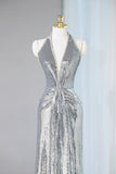 Silver Sequins Sheath V-Neck Long Prom Dress Shiny Evening Dress HZ1108