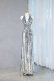 Silver Sequins Sheath V-Neck Long Prom Dress Shiny Evening Dress HZ1108