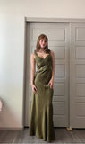Olive Green Mermaid Spaghetti Straps Satin Beaded Long Prom Dress Evening Dress HZ1108