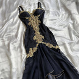 Black Elegant Sweetheart Neck Lace Chiffon Spaghetti Strap Sequin Prom Dress HZ1108