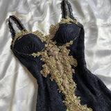 Black Elegant Sweetheart Neck Lace Chiffon Spaghetti Strap Sequin Prom Dress HZ1108