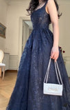 Elegant Navy Blue A-Line Spaghetti Straps Tulle Embroidery Applique Long Prom Dress Evening Dress HZ1108