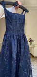 Elegant Navy Blue A-Line Spaghetti Straps Tulle Embroidery Applique Long Prom Dress Evening Dress HZ1108