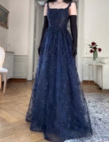 Elegant Navy Blue A-Line Spaghetti Straps Tulle Embroidery Applique Long Prom Dress Evening Dress HZ1108