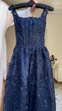 Elegant Navy Blue A-Line Spaghetti Straps Tulle Embroidery Applique Long Prom Dress Evening Dress HZ1108
