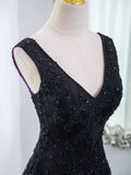 Black Tulle A-Line V-Neck Purple Satin Lace Applique Long Prom Dress With Beadings HZ1108