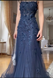 Elegant Blue Tulle A-Line Spaghetti Strap Appliqu¨¦ Long Prom Dress Evening Dress HZ1108