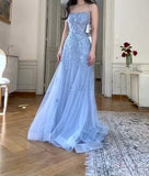 Elegant Blue Tulle A-Line Spaghetti Strap Appliqu¨¦ Long Prom Dress Evening Dress HZ1108