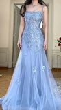 Elegant Blue Tulle A-Line Spaghetti Strap Appliqu¨¦ Long Prom Dress Evening Dress HZ1108