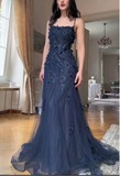 Elegant Blue Tulle A-Line Spaghetti Strap Appliqu¨¦ Long Prom Dress Evening Dress HZ1108