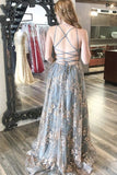 Grey A-Line Spaghetti Strap Tulle Long Prom Dress Sequins Evening Gown with Slits HZ1108