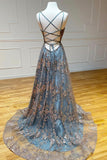 Grey A-Line Spaghetti Strap Tulle Long Prom Dress Sequins Evening Gown with Slits HZ1108