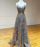 Grey A-Line Spaghetti Strap Tulle Long Prom Dress Sequins Evening Gown with Slits HZ1108