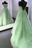 Sage Green A-Line Spaghetti Strap Tulle Applique Long Prom Dress HZ1108