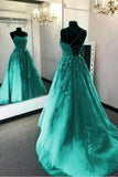 Sage Green A-Line Spaghetti Strap Tulle Applique Long Prom Dress HZ1108