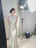 Off-white satin halter neck dress birthday engagement dress HZ1108
