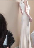 Off-white satin halter neck dress birthday engagement dress HZ1108