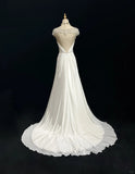 White Elegant A-Line Chiffon V-neck Long Prom Dress with Beading Simple Wedding Dress HZ1108
