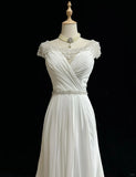 White Elegant A-Line Chiffon V-neck Long Prom Dress with Beading Simple Wedding Dress HZ1108